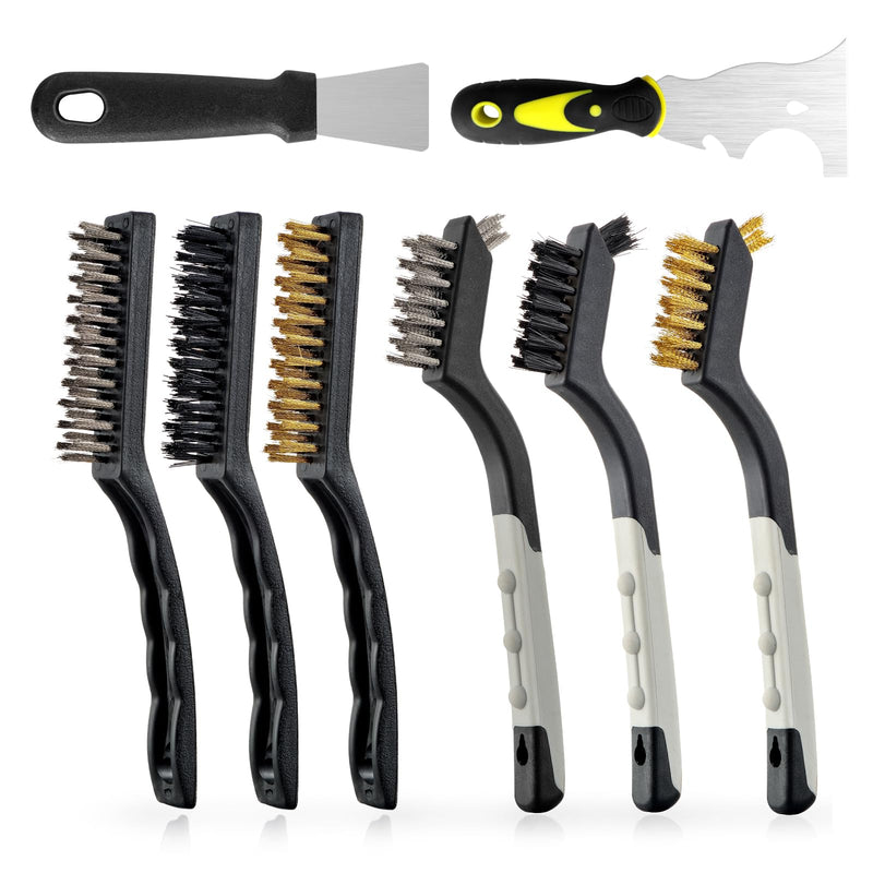 [Australia - AusPower] - Wire Brush Set 6Pcs, Scratch Brushes with Brass/Stainless Steel/Nylon Bristles & 2Pcs Paint Scrapers - Deep Cleaning for Paint Scrubbing, Rust & Dirt Removal and Kitchen Cleaner . Stainless Steel-1 