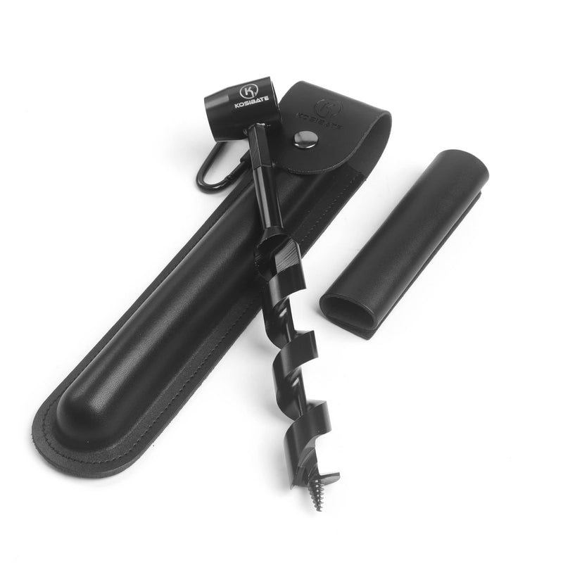 KOSIBATE Bushcraft Gear, Hand Auger Wrench for Easy Wood Drilling - Settlers Wrench and Bushcraft Tools Perfect for Camping and Woodworking Tasks-Scotch Eye Wood Drill with Leather Case Brown Black