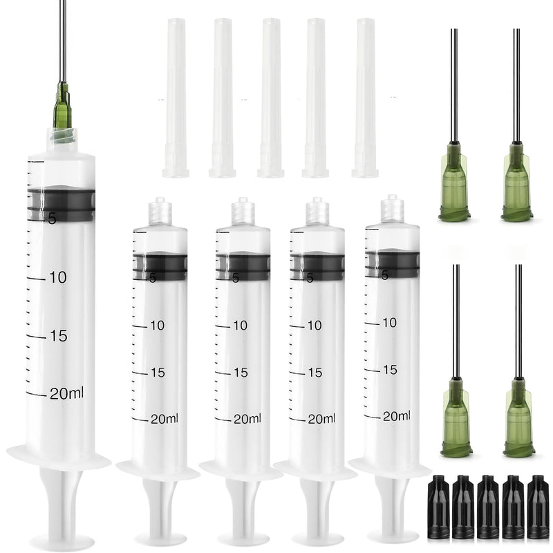 Luer Lock Syringe 20 ml Plastic Syringe Set of 5 | Syringe class with 14G blunt dispensing needle and cap, plastic syringe with measurement, feeding syringe for dispensing