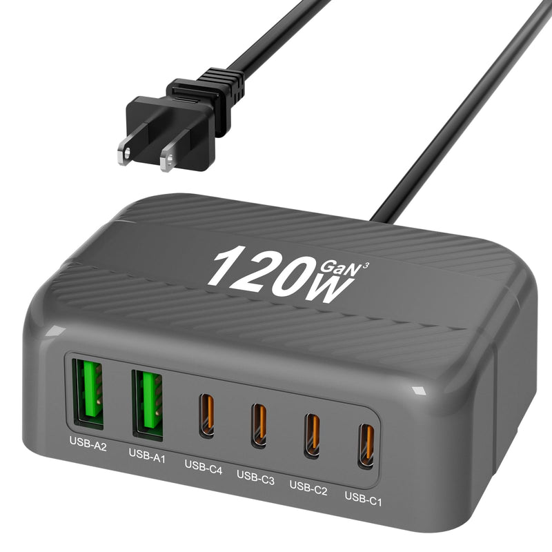 [Australia - AusPower] - USB C Fast Charger,120W GaN 6 Ports USB Charging Station Hub Block Multiple Devices,USB C Wall Charger Power Strip Adapter 4Type-C and 2USB A iPhone 14 13 12 11 Pro Max Pixel Note Galaxy,5ft Cord 