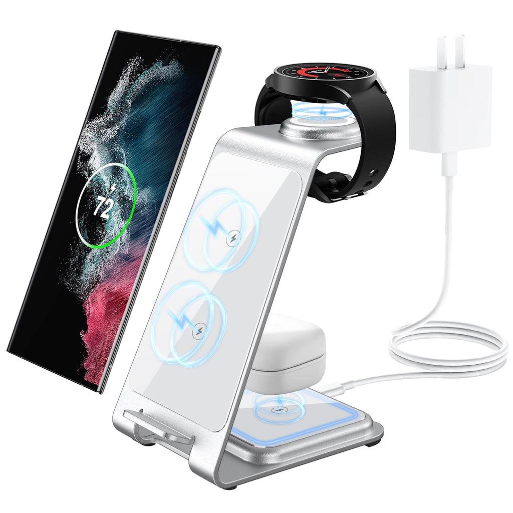 [Australia - AusPower] - 3 in 1 Wireless Charging Station, LEKOYE Aluminum Alloy Wireless Charger for Samsung S23 S22 S21/Z Flip/Z Fold, Fast Wireless Charging Stand for Multiple Devices Galaxy Watch & Galaxy Buds - White 
