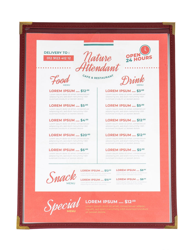 [Australia - AusPower] - Menu Covers, Single Page, 1 Pocket, 2 View, for 8.5" x 11" Letter Size Paper, Pack of 6, Burgundy Edging + Gold Metal Corner, Made with Leatherette & Vinyl 