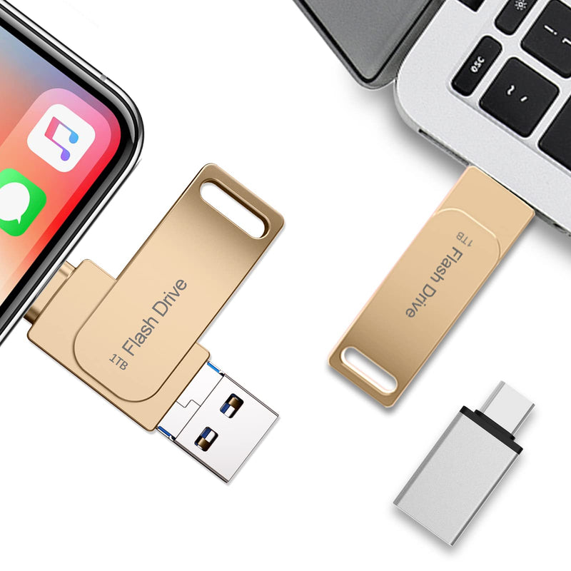 [Australia - AusPower] - 1TB Flash Drive for Phone, Compatible with Phone/Pad/Android/PC, 1000GB USB 3.0 Photo Stick Phone, External Flash Expandable Photo Storage Drive, Drive Memory Stick Photosticks for Pictures.(Gold) 1TB-Gold 
