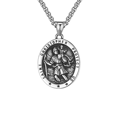 Stainless Steel Saint Christopher Medal Necklace Gothic Protective Pendant Patron Saint of Travellers Religious Cross Necklaces for Women Men Wife Husband
