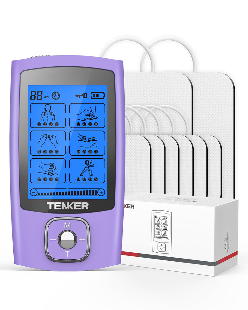 [Australia - AusPower] - TENKER TENS Unit Muscle Stimulator, 24 Modes TENS EMS Machine for Pain Relief Therapy/Pain Management, Rechargeable Electronic Pulse Massager with 2"x2" and 2"x4" TENS Unit Electrode Pads A-purple 