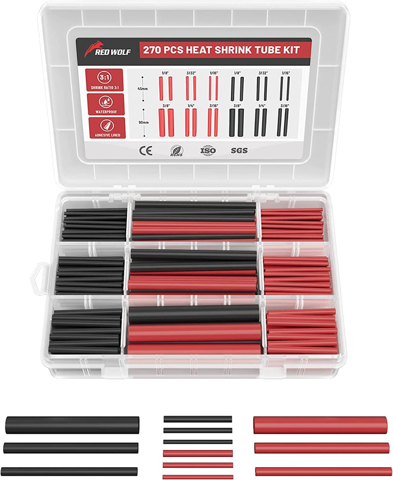 RED WOLF Heat Shrink Tube Set with Adhesive 3:1 Shrink Ratio Double Wall Heat Shrink Tube Waterproof Heat Shrink Tube Red & Black 270 Pieces