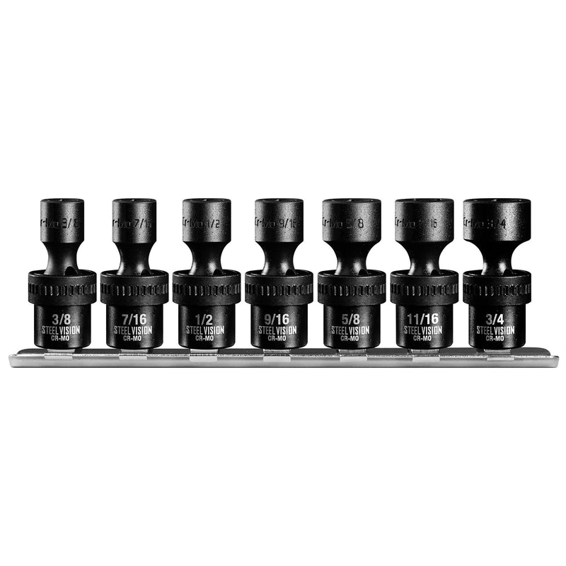 7PCS 3/8" Drive Impact Swivel Socket Set, 3/8-3/4 in Universal Swivel Sockets ，6-Point, SAE,Cr-Mo, Wobble Socket, Universal Joint Socket Set 3/8" SAE