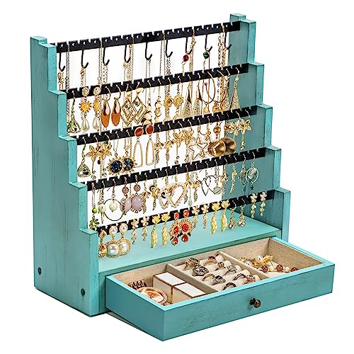 Pinzoveco Earring Organizer, 5 Layer Earring Holder Organizer with Necklace Holder Pole, Rustic Wood Jewelry Organizer Stand Display for Stud Earring Bracelet Necklace Ring, 175 Earring Holes Teal