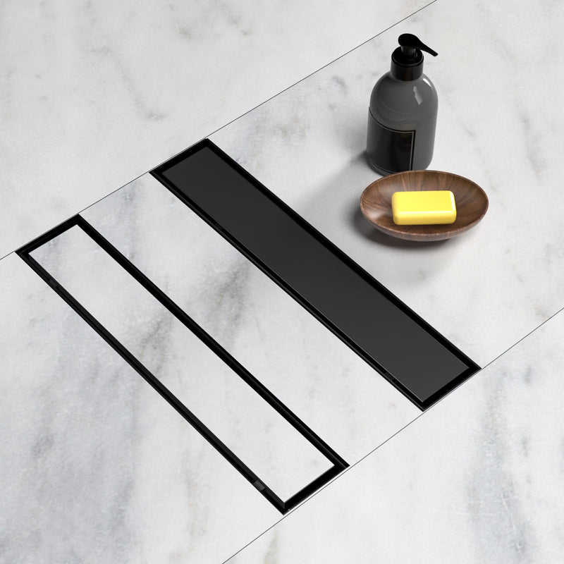 BARONAGE Linear Shower Drain 12 Inch, Reversible Tile Insert, Matte Black | 304 Stainless Steel Linear Drains, Rustproof, Hair Catcher, Rectangle Shower Floor Drain With Leveling Feet For Bathroom