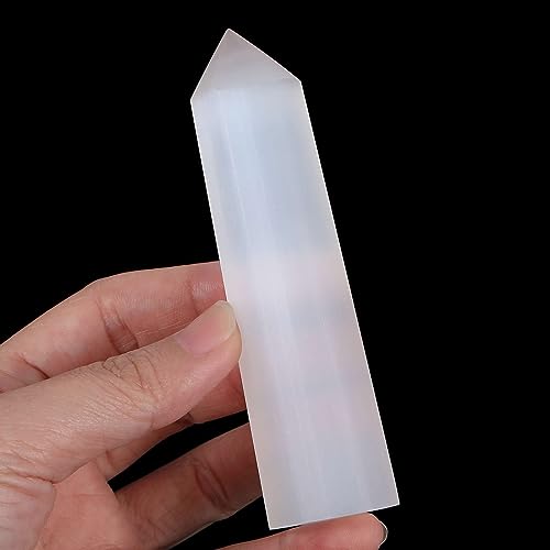 LAIDANLA Selenite Healing Crystals Wands 3.5-4" Natural Reiki Energy Wand Stone Hexagonal Point Obelisk Large Crystal Gemstones for Meditation Therapy Crystal Grid Gifts Decoration 1Pcs G-selenite