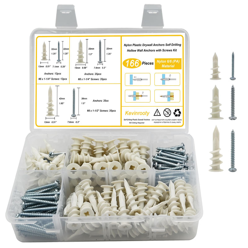 [Australia - AusPower] - 3 Sizes Self Drilling Drywall Anchors, 166PCS Nylon Plastic Wall Anchors and Screws for Drywall, No Pre Drill Hole Preparation Required,13x32mm,15x33mm,13x42mm 