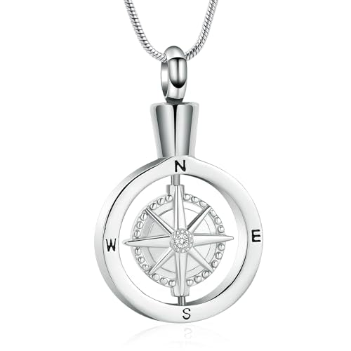 Compass Urn Necklace for Ashes Stainless Steel Cremation Jewelry Memorial Necklace Urn for Human Ashe of Loved Ones A