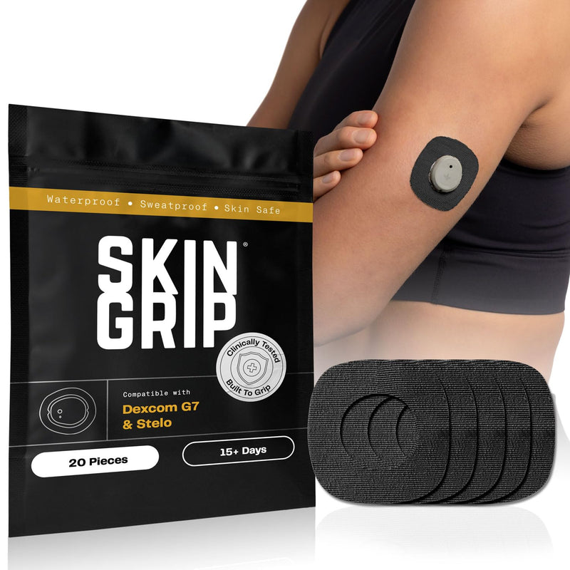 Skin Grip Adhesive Patches Compatible with Dexcom G7 & Stelo CGM with Cutout – Waterproof & Sweatproof Cover for Continuous Glucose Monitor Sensor, Stays Secure for 10-15 Days – 20 Pack, Black