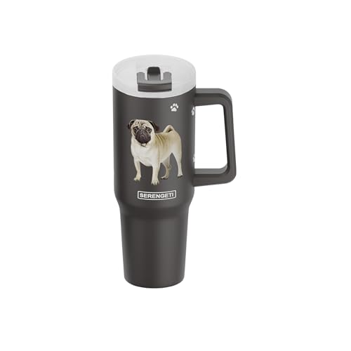 E&S Pets SERENGETI 40 Oz Ultimate Tumbler with Handle and Straw - Vacuum Insulated Tumbler with Straw and Lid - Stainless Steel Travel Mug for Pet Lovers - 3D Designs of your favorite Dog (Pug) Pug