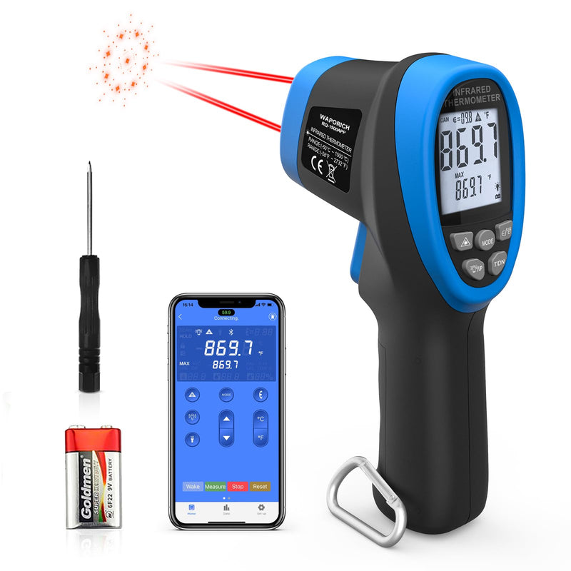 [Australia - AusPower] - Pyrometer 30:1 Non-Contact High Temp Thermometer Gun-58℉ to 2732℉ (-50℃ ~ 1500℃) IR Thermometer Gun with Mobile APP for Pizza ovens, Kiln, Forge RQ-1500APP【Not for Human】 