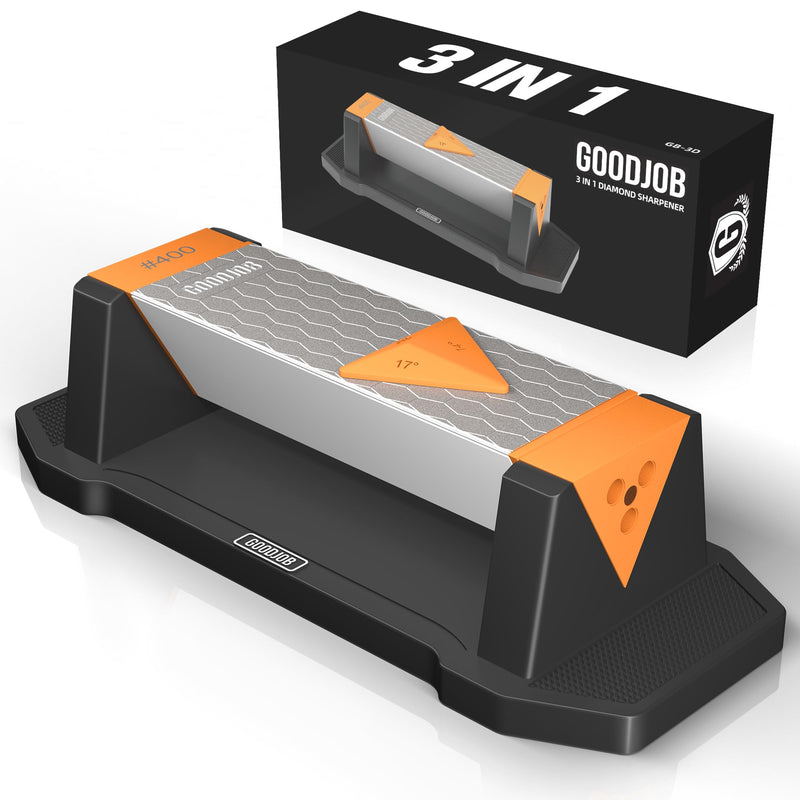 [Australia - AusPower] - Goodjob Diamond Sharpening Stone 3 Side Grit 400/1000/8000 Premium Industrial Diamond & Ceramic Whetstone Knife Sharpener Suitable for Steel of any Hardness with Angle Guide and Non-Slip Base 