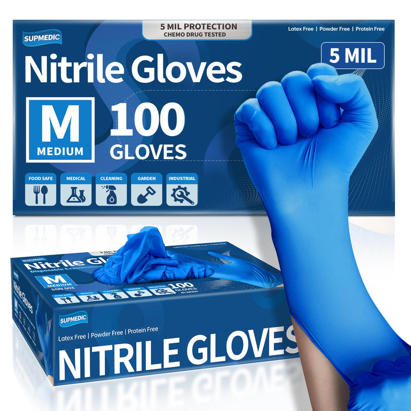 [Australia - AusPower] - Medical Nitrile Exam Gloves, 5 mil Chemo-Rated Powder-Free Food Safe Cleaning Disposable Glove Blue 100/1000Pcs Blue (Medium 100) 