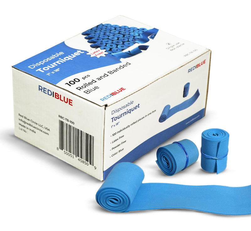 [Australia - AusPower] - REDIBLUE Disposable Tourniquet [Pack of 100] - Latex Free, Tear Resistant, Single Use Tourniquets for First Aid, Medical, Clinic, Compact and Portable - 1" x 18" 