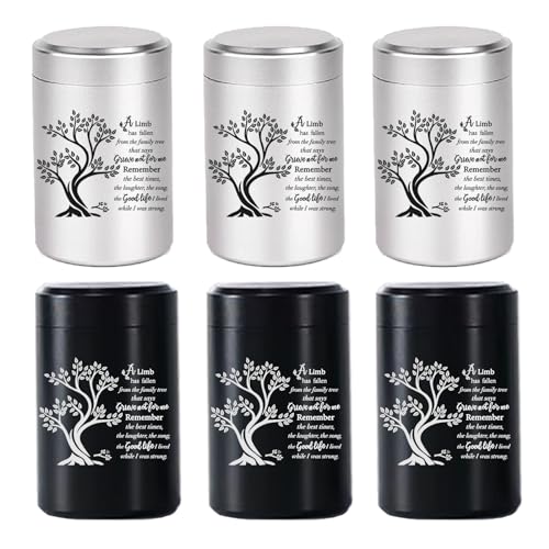 Small Urns for Human Ashes Set of 6 - Mini Keepsake Urns 3 Inches for Sharing - Memorial Ashes Holder Tree of Life - Black & Silver
