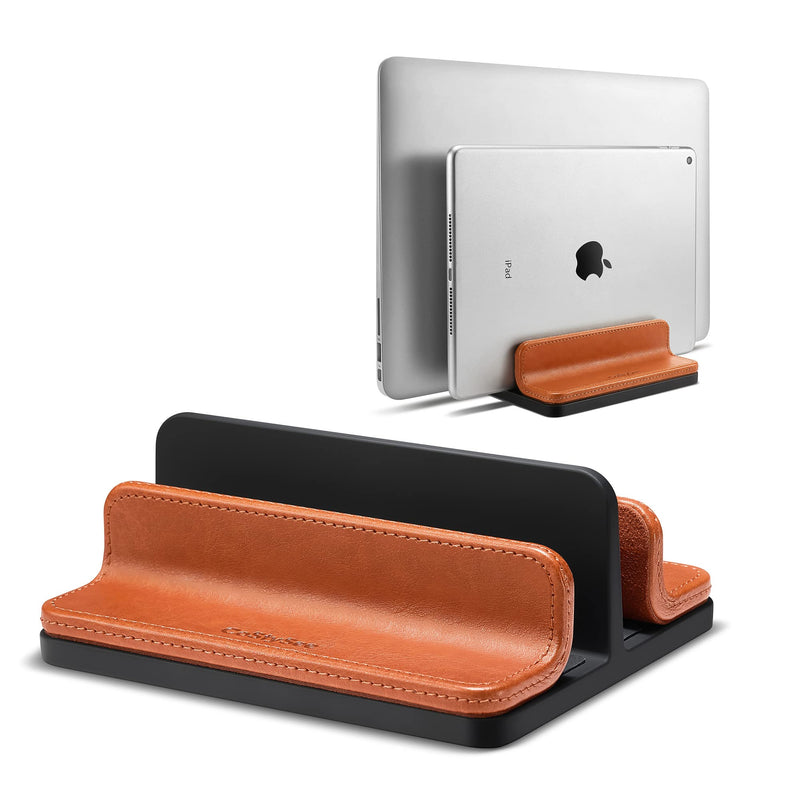 [Australia - AusPower] - CoStySee Leather Dual-Slot Vertical Laptop Stand,Adjustable Laptop Holder Vertical (18-26mm/0.7-1 in) for All MacBook/Chromebook/Surface/Dell/iPad (Brown) Brown 