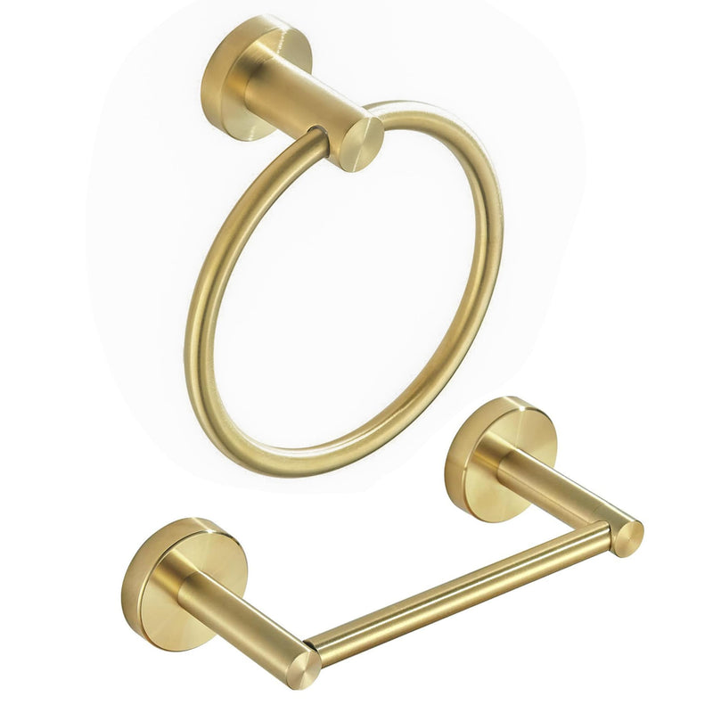 BATHSIR Brushed Gold Toilet Paper Holder & Hand Towel Holder Wall Mount 2 Pieces, Double Post Pivoting Round Modern Bathroom Hardware Towel Ring Toilet Tissue Holder, Bathroom Accessories Set Gold 1