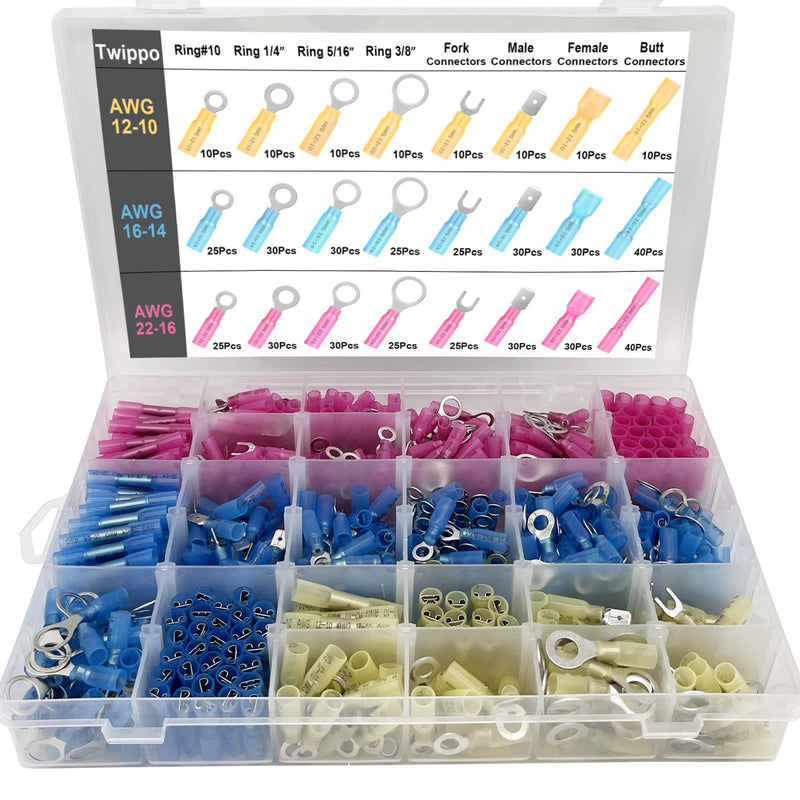 550Pcs Waterproof Heat Shrink Wire Connectors Kit, Automotive Electrical Connector Terminals Kit, Butt Fork Ring and Spade Crimp Connectors Assortment (22-10AWG) 550pcs-Assortment
