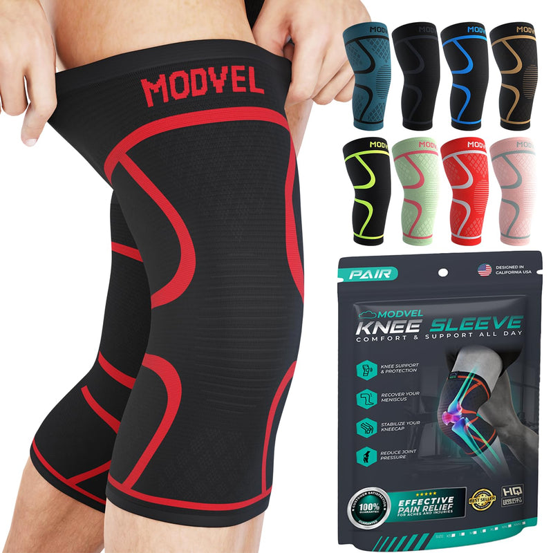 [Australia - AusPower] - Modvel Knee Braces for Knee Pain Women & Men - 2 Pack Knee Brace for Knee Pain Set, Knee Brace Compression Sleeve, Knee Support for Knee Pain Meniscus Tear, ACL & Arthritis Pain Relief,Red XXXL XXX-Large Red 