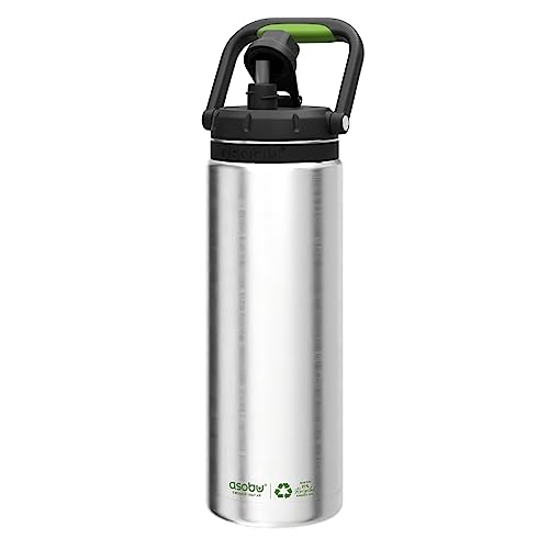 Asobu Recycled Canyon Insulated Water Jug 48oz Tall & Slim Design Full Handle with Silicone Comfort Grip Easy Clean - Stainless Steel Vacuum Insulated - Wide Mouth - Cold Water and Ice Compatible Silver