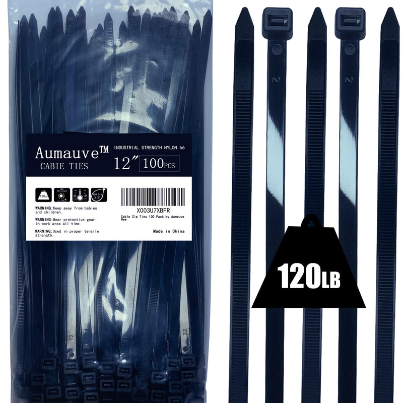 Cable Zip Ties 100 Pack Black Nylon Heavy Duty 12 Inch Plastic Wire Ties With 120lbs Tensile Strength, Self-Locking UV Resistant ZipTies for Indoor Outdoor DIY Workshop Use, by Aumauve