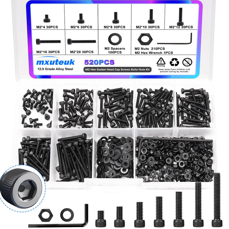[Australia - AusPower] - mxuteuk M2 Screws Assortment,M2 x 4/6/8/10/12/16/20mm Hex Socket Head Cap Screws Bolts Nuts Kit, 520PCS 12.9 Grade Alloy Steel Assorted Screws Small Metric Screws Suitable for 3D Printer DIY 