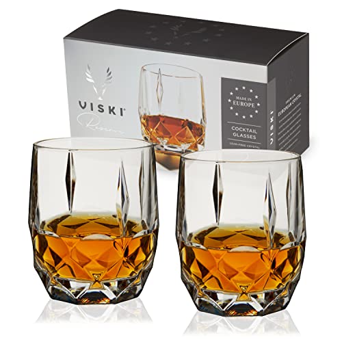 Viski Reserve Bruno Cocktail Glasses - Crystal Whiskey Glasses or Rocks Glasses - Ornate Cut Crystal Glasses 11oz Set of 2 Viski