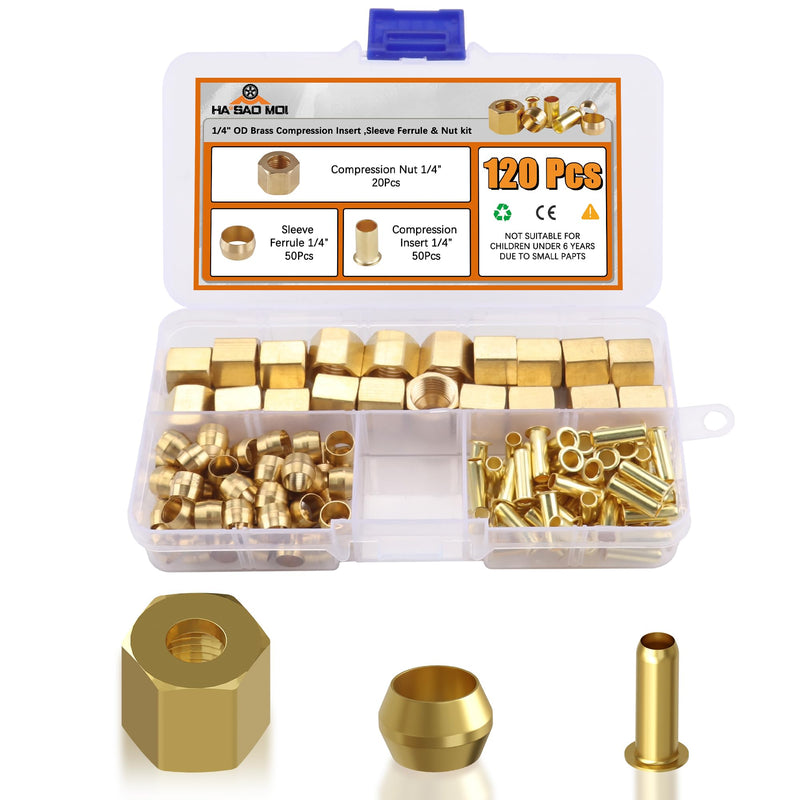 [Australia - AusPower] - 120PCS 1/4 inch Compression Fittings Assortment kit -?1/4") 50 Brass Compression Sleeve Ferrule, 50 Insert & 20 nuts - used to connect lines for air,water,fuel,oil and inert gases 120pcs Kit 