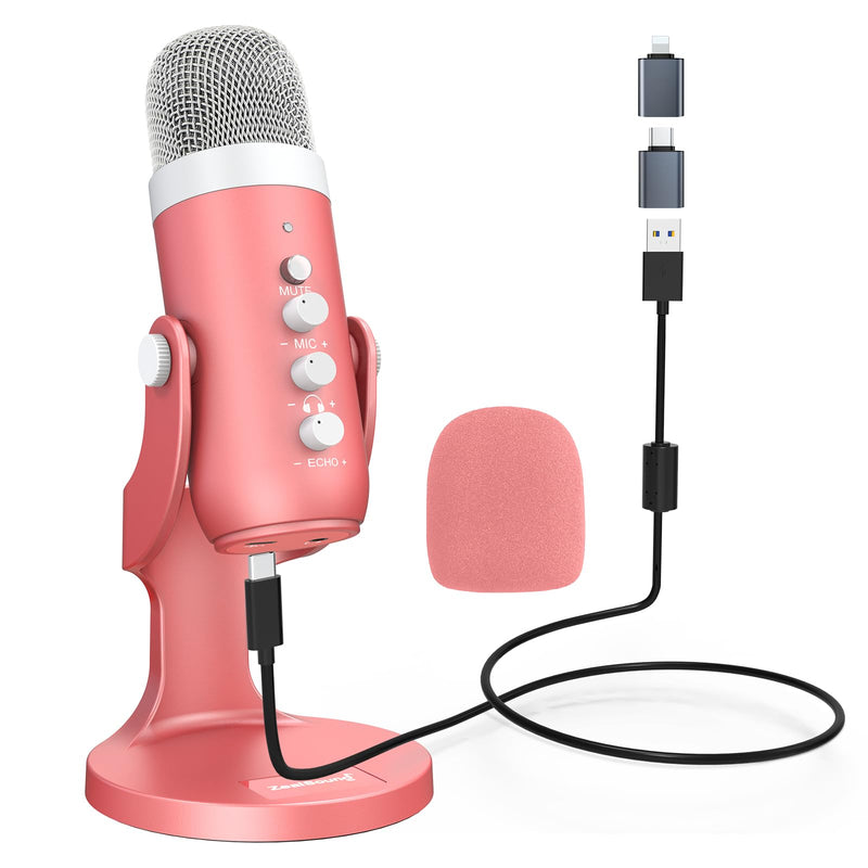 [Australia - AusPower] - ZealSound USB Microphone,Condenser Computer Mic,Plug&Play Gaming Microphones for PS 4&5.Headphone Output&Volume Control,Mic Gain Control,Mute Button,YouTube Podcast on Mac&Windows Pearlescent Pink 