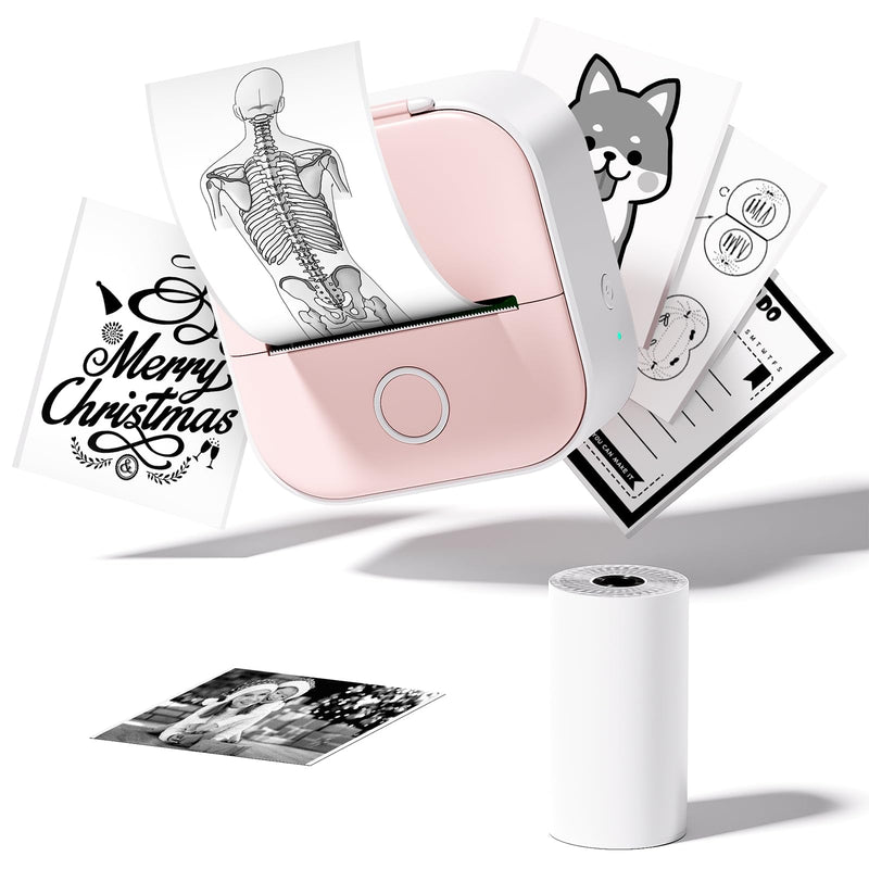 [Australia - AusPower] - Sticker Printer, T02 Print Pod Mini Printer with 1 Paper Roll, Small Inkless Printer, Portable Bluetooth Pocket Note Buddy Printer, Sticker Maker Machine for Gift, Journal, Note, Plan, Early Education Pink 1 Printer+1 Roll Paper 