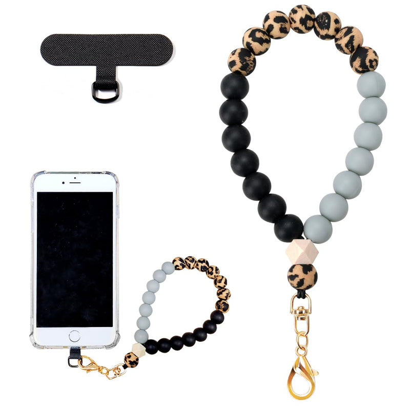 [Australia - AusPower] - Marble Silicone Beaded Phone Wrist Strap, Cellphone Lanyard with Tether Tab, Elastic Hands-Free Wristlet Bracelet Leopard Print 