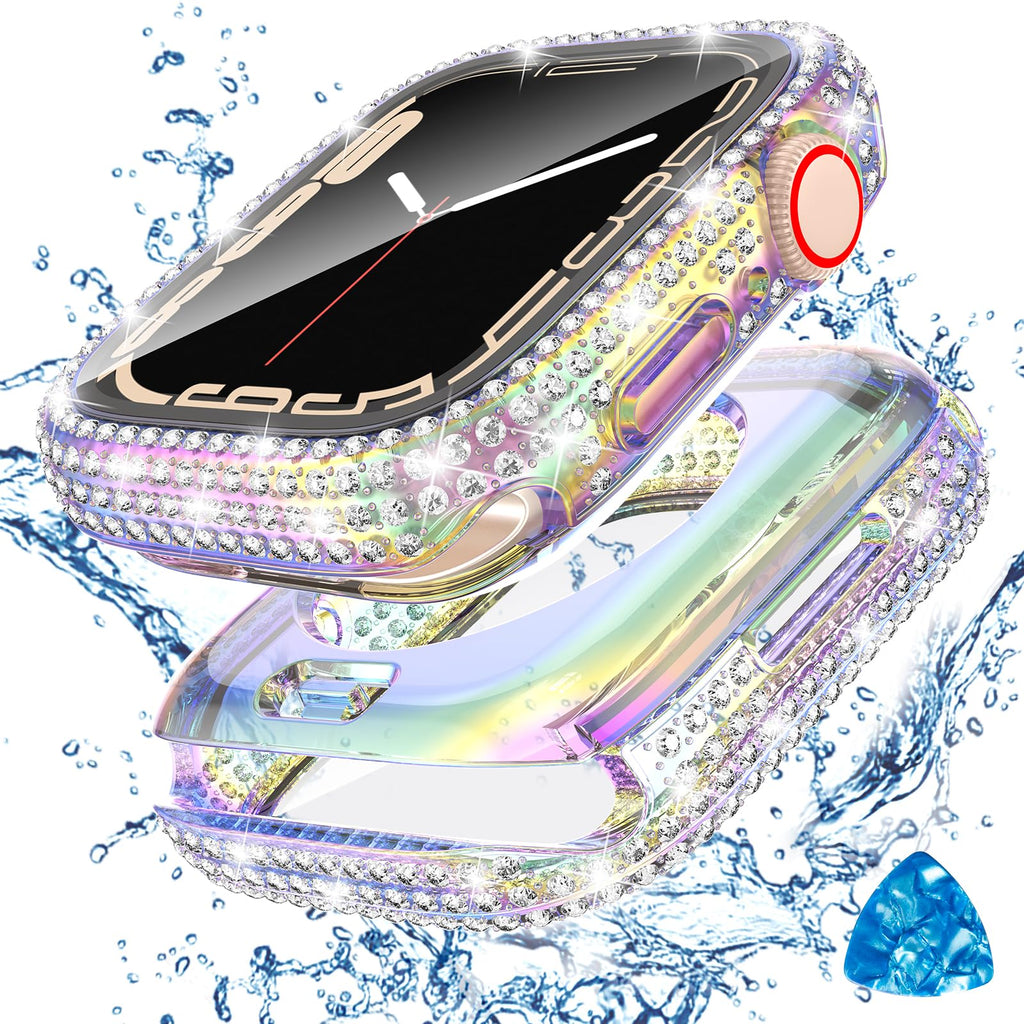 [Australia - AusPower] - Tensea [2 in 1 for Waterproof Apple Watch Screen Protector Case Series 9 8 7 45mm Accessories, iWatch Hard Diamond Front & Back Bumper Case with Tempered Glass Film, Bling Face Cover Women, 45 mm for 45mm Only Iridescent 