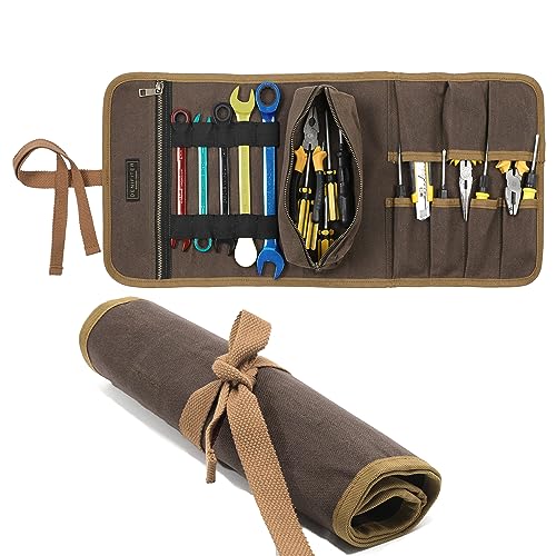 Denifiter grey waxed canvas tool bag with roll-up pouch, detachable tool pouch, and zipper pockets