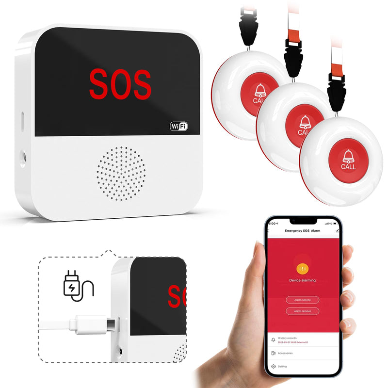 [Australia - AusPower] - WiFi Rechargable Smart Wireless Caregiver Call Button Nurse Calling Life Emergency Alert System for Seniors Elderly Patient Disabled Kids 3 SOS Panic Buttons 1 Receiver (only Supports 2.4GHz Wi-Fi) 3 Button & 1 Receiver 