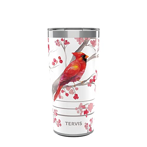 Tervis Traveler Christmas Holiday Cardinal and Berry Branches Triple Insulated Tumbler Travel Cup Keeps Drinks Cold & Hot, 20oz, Stainless Steel Multicolor