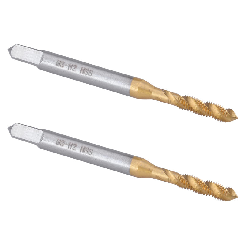[Australia - AusPower] - Burkit 2pcs M3 X 0.5 Spiral Flute Tap, HSS Titanium Coated Spiral Flute Plug Threading Tap M3 x 0.5 Spiral Flute Tap Ti-co 
