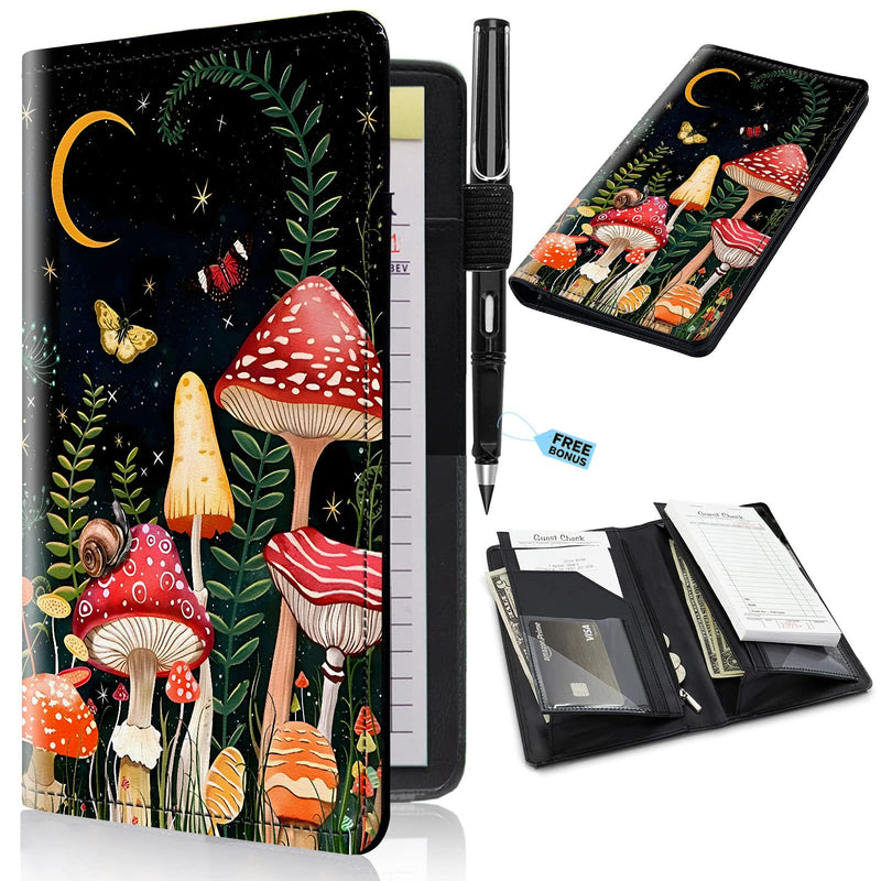 [Australia - AusPower] - Server Books 2nd Gen, 5x9 Waitress Book Server Wallet with Expandable/Zipper Pockets, Cute Serving Book Server Note Pads Holder Restaurant Guest Check Presenter, Butterfly and Mushroom Butterflies and Mushroom 9 Inches Tall 