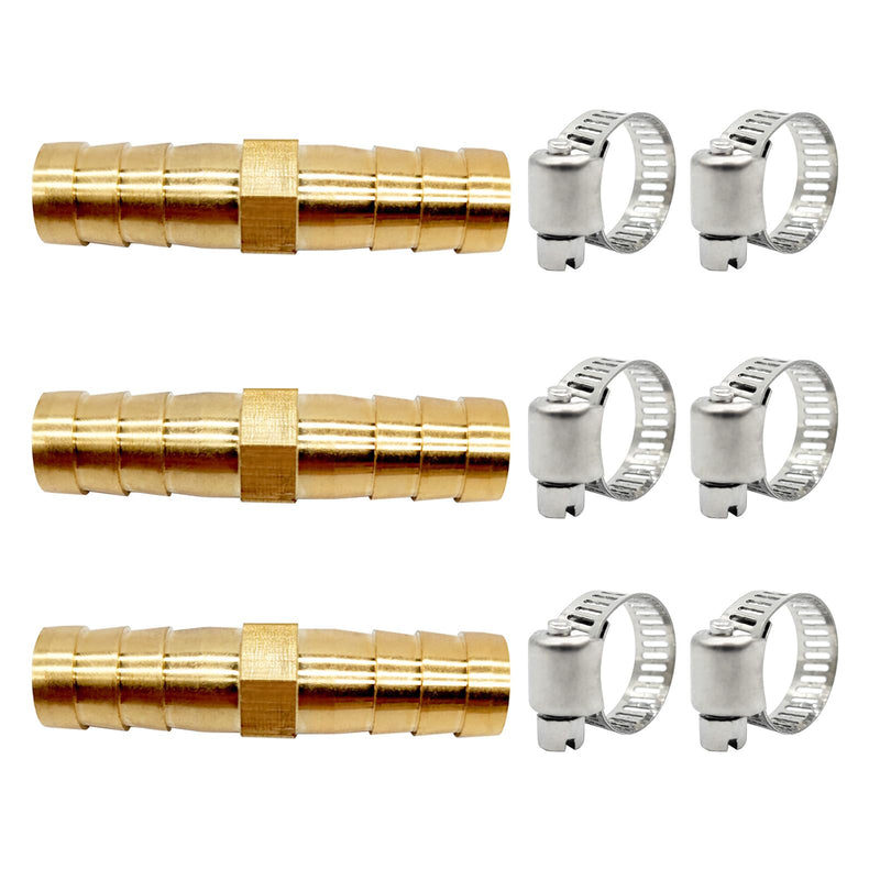 [Australia - AusPower] - 3pcs 3/8"(10mm) Hose Repair Kit Hose Connector Barb Splicer Mender Hose Brass Barb Fitting Watertight Straight Hose Barb Connector with 6pcs Stainless Steel Pipe Clamp for Water/Fuel/Air 