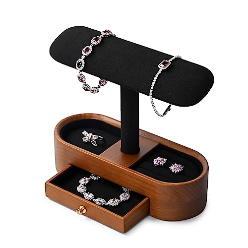 Oirlv Solid Wood Watch Stand with Drawer T-bar Watch Holder Organizer for Men and Women Showcase Bracelet Bangle Jewelry Display Stand Rings Earrings Necklace Storage(Drawer,Black) Black Option 2 - With Drawer