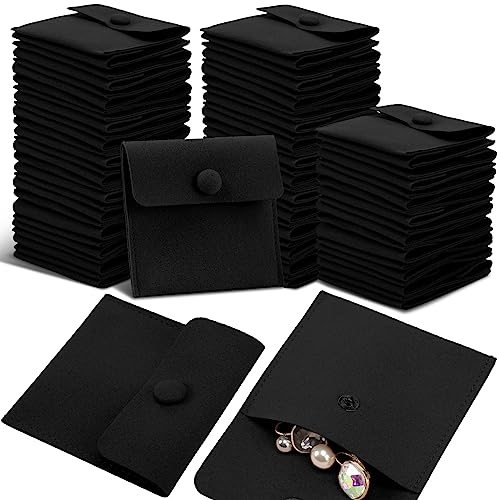 Bonuci Microfiber Jewelry Pouch 8x8cm, Jewelry Packaging Bag Luxury Small Gift Bags Package Snap Button with Divider Microfiber Bag for Bracelet Necklace Packaging Black 80