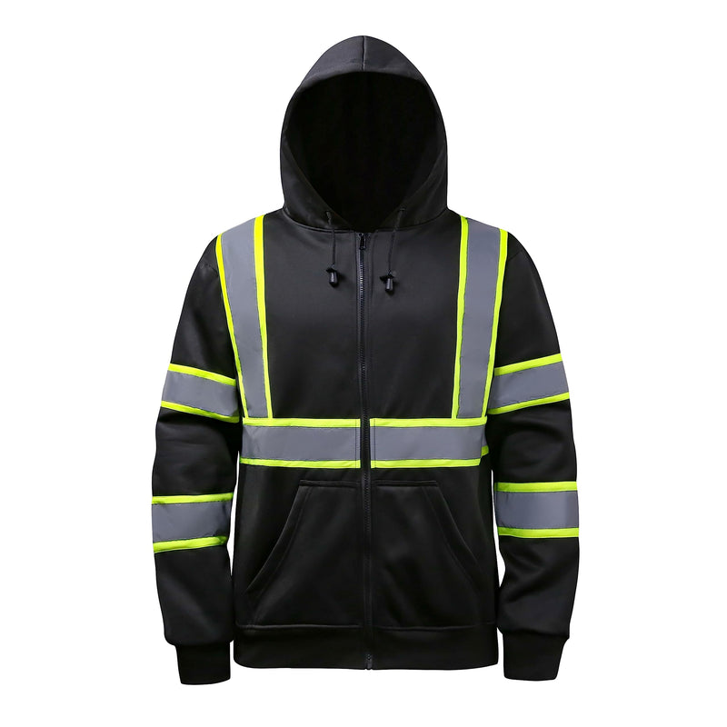 High visibility Hoodie for Men,Class3 Hi Vis Hoodie with Zipper,Reflective Hooded Hood,Construction work Safety Sweatshirt with Large front Pocket for Men/Women BLACK,2XL Black02 XX-Large