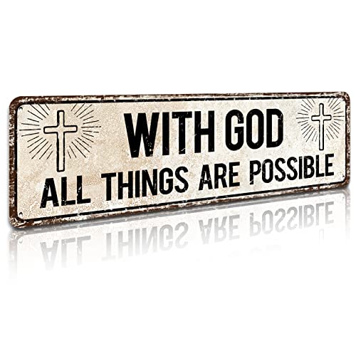 With God All Things Are Possible,Religious Wall Decor,Scripture Wall Art,Catholic Christian Gifts for Men, 4" by 16" Tin Plaque for Home with god all things are possible-01