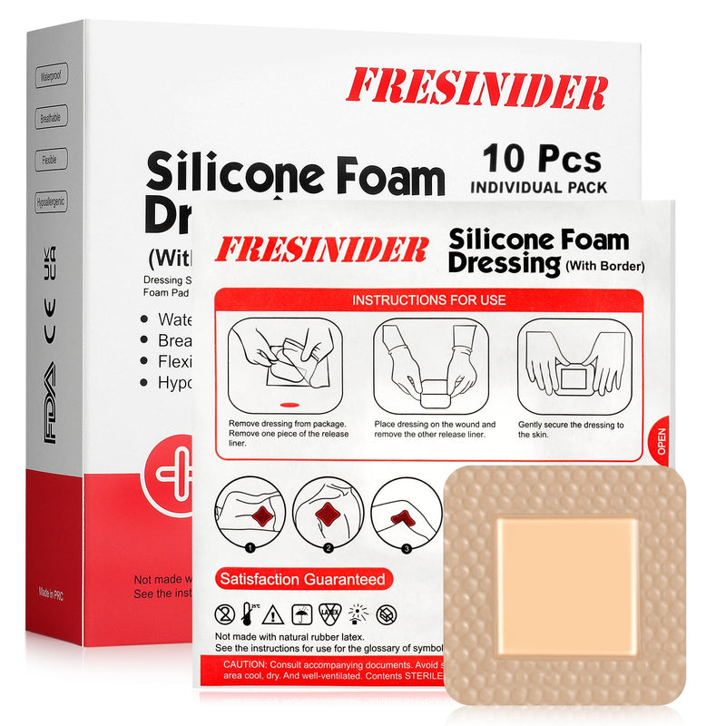 [Australia - AusPower] - Silicone Foam Dressing with Adhesive Border  Wound Dressing Bandage  Silicone Foam Pad  Pack of 10  2 x 2 Inches Large Waterproof Bandages  Self Adhesive Wound Care and Dressings 2" x 2",10pack 