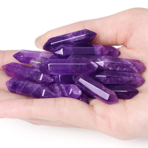 QINJIEJIE 20PCS Amethyst Crystals Wands Stones Set Healing Crystal Points Bulk Gemstones Hexagonal Polished Gems Natural Reiki Stone for Energy Balancing Meditation Witchcraft Gifts A- Amethyst