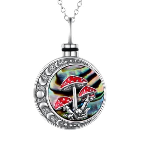 Moon Mushroom Urn Locket Necklace for Ashes Cremation Jewelry,Sterling Silver Magical Red Mushroom Pendant Moon Phase Ashes Keepsake Urns Necklaces with w/Funnel Filler for Women