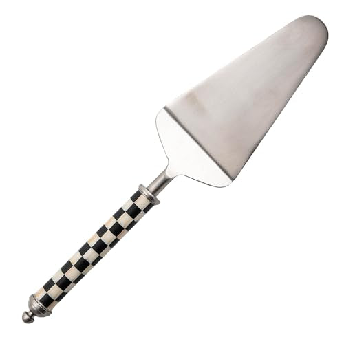 MACKENZIE-CHILDS Supper Club pie server with black-and-white Courtly Check design, perfect for serving cake, pie, and pastries.